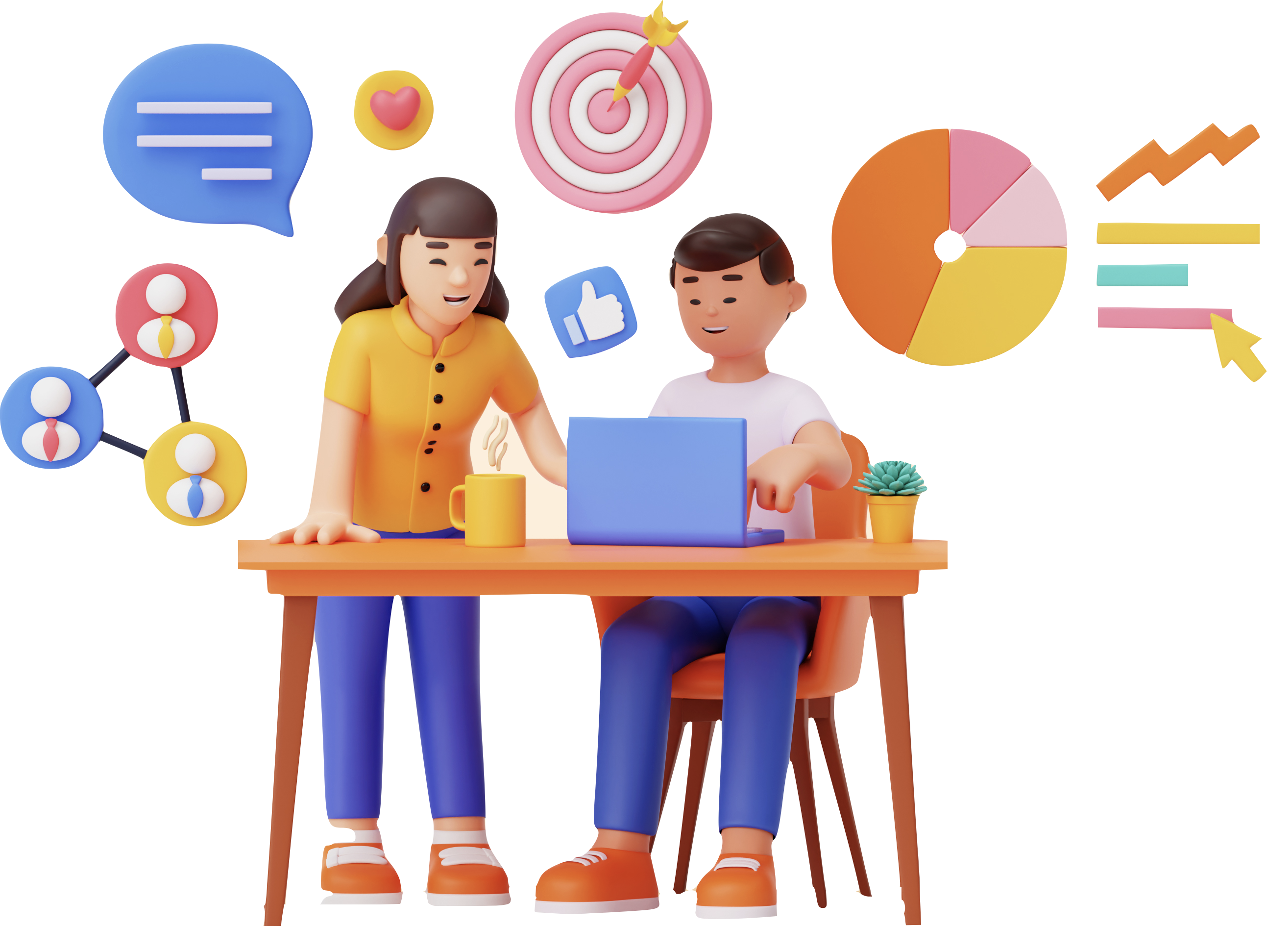 Teamwork collaboration with laptop and tech analytics icons representing innovation and entrepreneurship